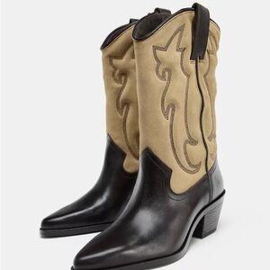 Zara Two-Tone Leather Western Heeled Boots in Black and Tan